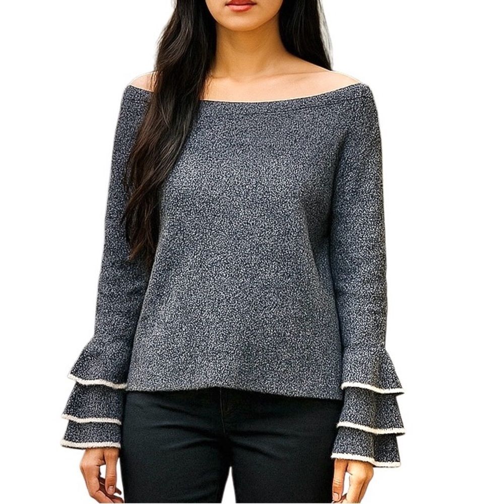 Express Ruffled Sweater Off-Shoulder SZ M Gray White Wide Neck Romantic Date
